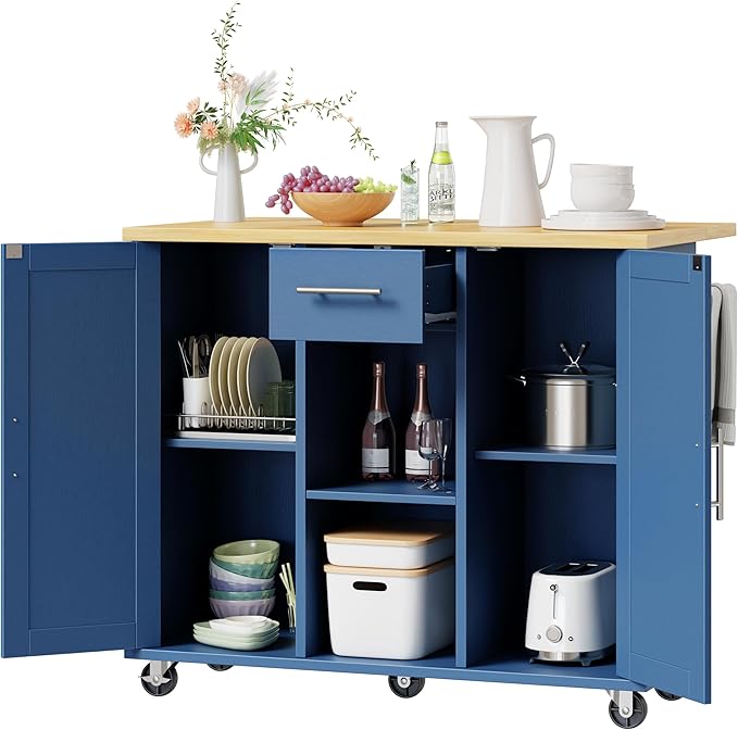 Shintenchi Kitchen Island with Storage, Bar Cart Cabinet Island Table on Wheels - Image 7