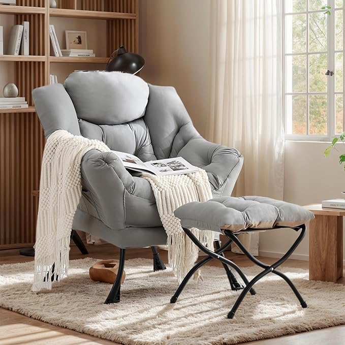 Lazy Chair with Ottoman, Large Modern Lounge Accent Chair with Armrests and - Image 5