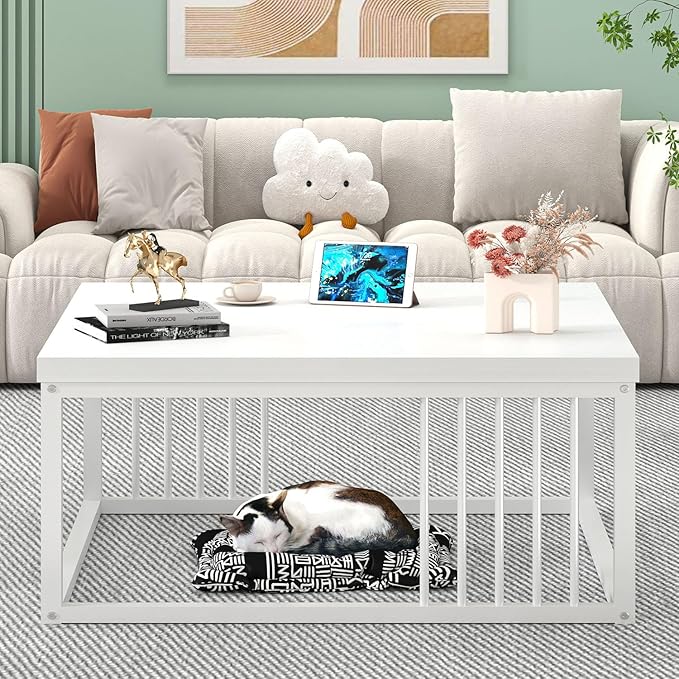 FOLUBAN White Coffee Table, Modern Rustic Wood and Metal Center Table, - Image 7