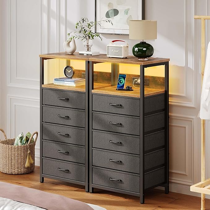Seventable Night Stand with Charging Station, Tall Nightstand with 5 Fabric - Image 7