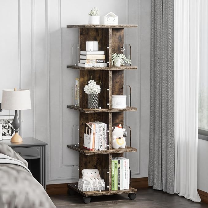 VECELO 4-Tier Rotating Bookshelf, Modern Swivel Bookcase - Image 6