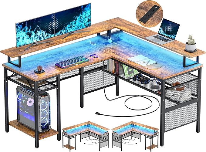 Unikito L Shaped Desk with LED Light and Power Outlet, Reversible Corner by Unikito