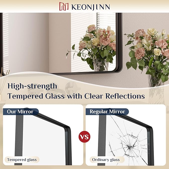Keonjinn Black Bathroom Mirror for Over Sink, 30 x 30 Inch Rounded Rectangle - Image 4