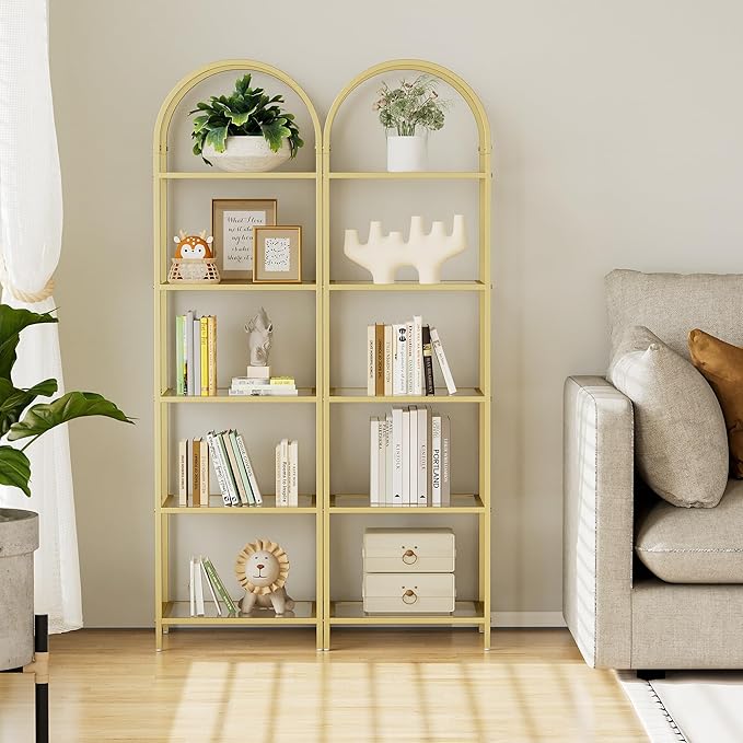 Homhedy Bookshelf Arched Display Racks, Metal Bookcase, Tempered Glass Shelves - Image 5