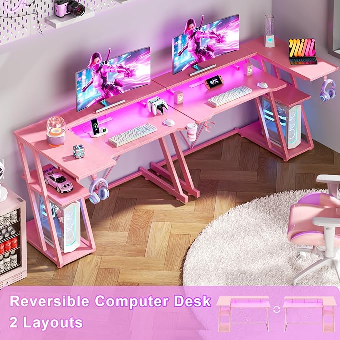 40 Inch Pink Gaming Desk with Power Outlet & LED Lights, Corner Computer Desk - Image 3