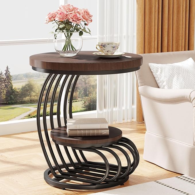 Tribesigns Round End Side Table: 2 Tiers Side Table Set of 2, Vintage End Table - Image 4