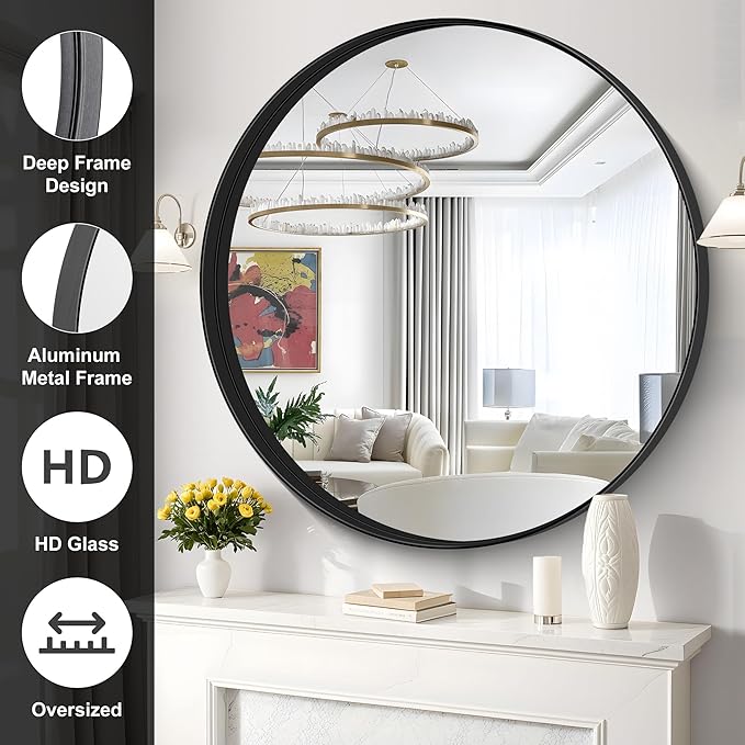 Black Round Mirror 42 inch Deep Frame Circle Mirror, Metal Frame Round Bathroom - Image 3