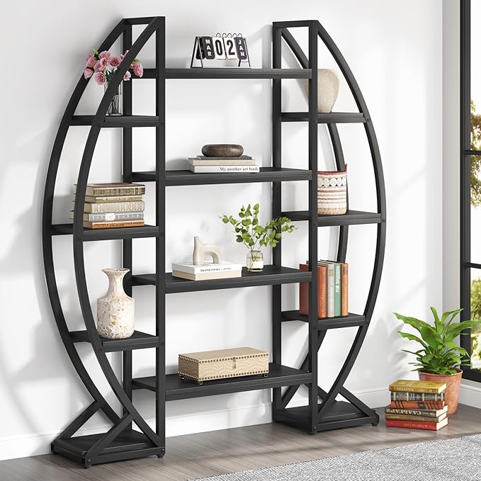 Tribesigns Oval Bookshelf, Triple Wide 5 Tiers Etagere Bookcases, Industrial by Tribesigns