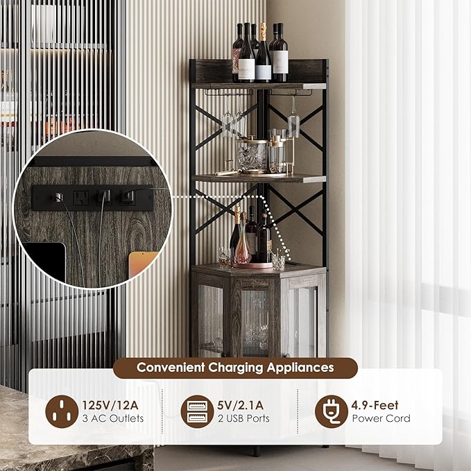 Corner Bar Cabinet with Power Outlet, 5-Tier Corner Wine Cabinet with Led Strip - Image 4