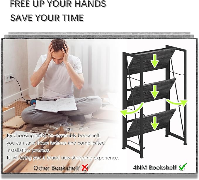 4NM No-Assembly Folding Bookshelf Storage Shelves 3 Tiers Vintage Bookcase - Image 6