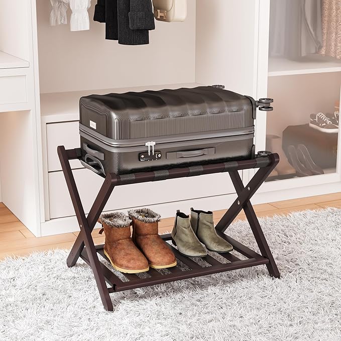 Fully Assembled Bamboo Luggage Rack, Folding Suitcase Stand by SmartFENDEE