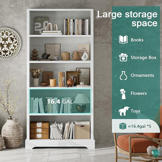 TVU 5-Shelf Wood Bookcase, 65 Inch Tall Bookshelf - Image 4