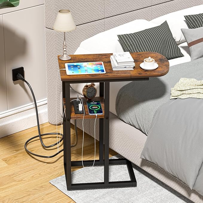 C Shaped End Table with Charging Station, Side Table - Image 5