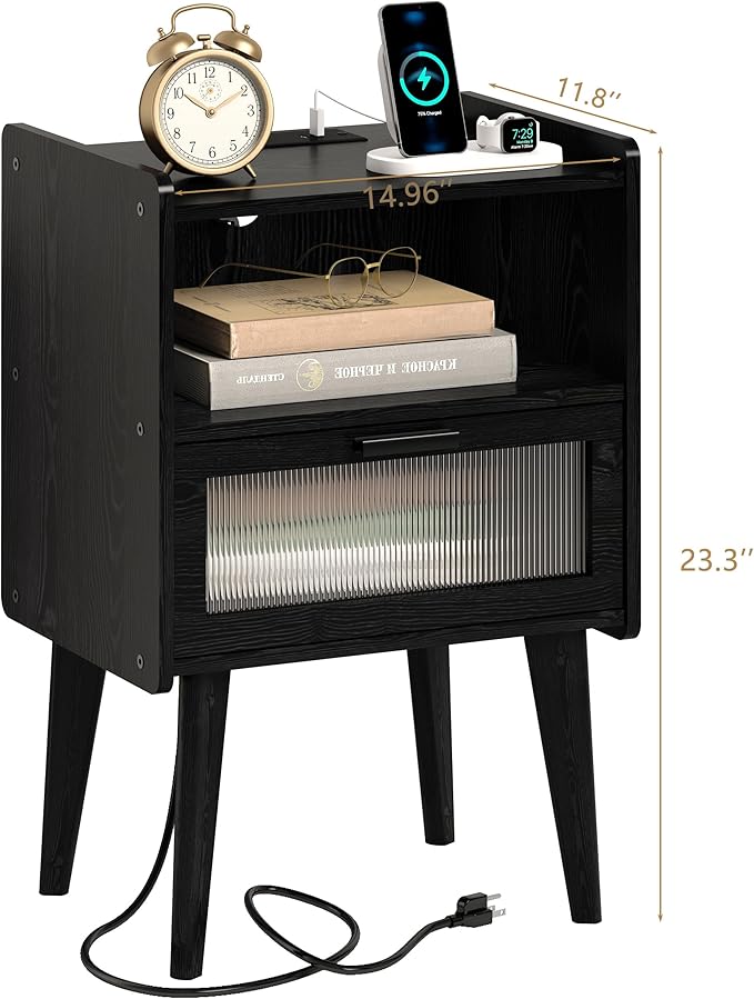 Nightstand with Charging Station, Bedside Tables with Glass Decorative Door - Image 3