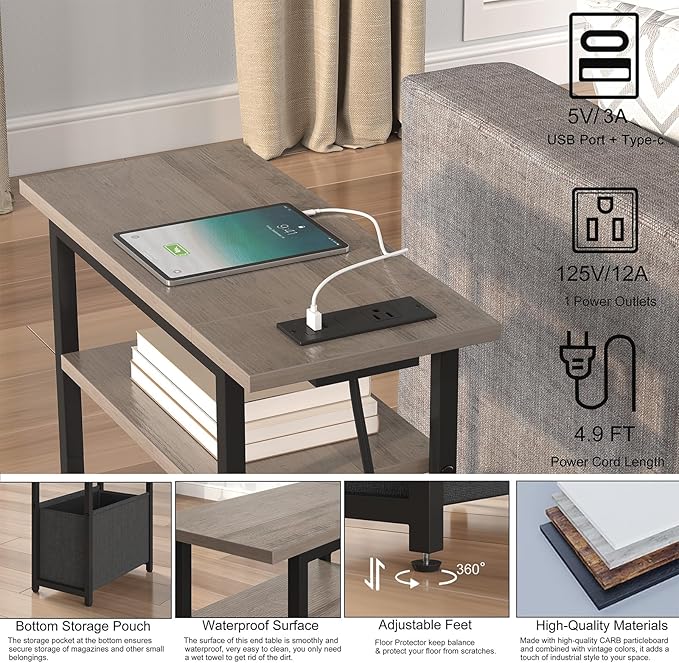 Narrow Side Table with Charging Station, Small End Table - Image 5