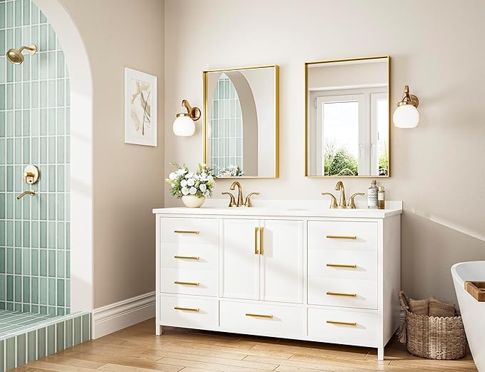 Keonjinn Brushed Shiny Gold Bathroom Mirror 22 x 30 Inch, Rectangle Gold Vanity - Image 2