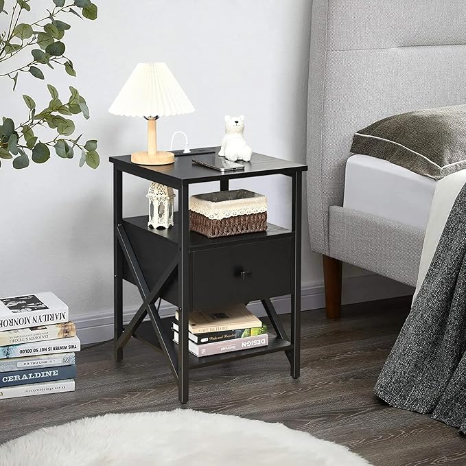 Side Tables with Charging Station, Nightstands with Wood Drawer, Night Stand - Image 7