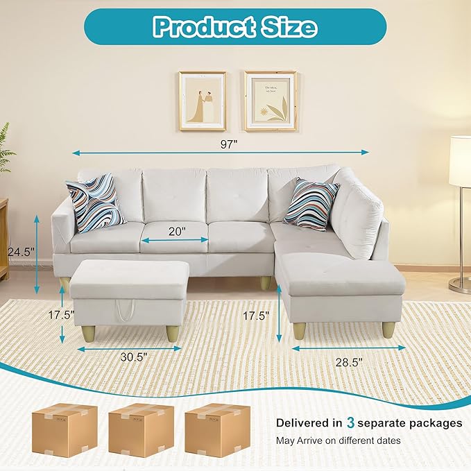 Couches for Living Room Modern L Shaped Couch Comfy Flannel Fabric 3 Pieces - Image 2