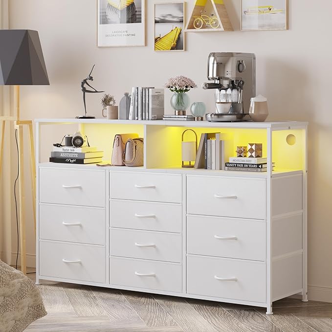 55W 10-Drawers Dresser with 2 Open Storage Shelves, TV Stand Dresser - Image 2