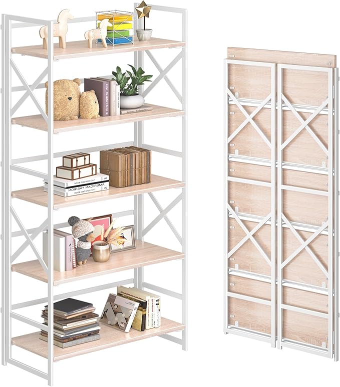 4NM 5 Tiers No Assembly Book Shelves, 51.2" H Folding Bookshelf Bookcase Open by 4NM