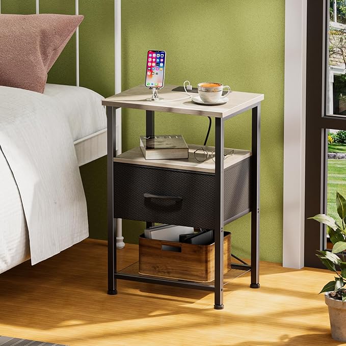Nightstands Set of 2 with Charging Station and Drawer, End Table Bedside Table - Image 9