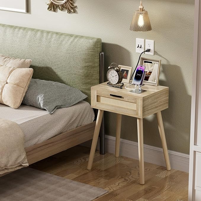 HAIOOU Nightstand with Charging Station Rattan Drawer, Mid Century Modern Side - Image 2