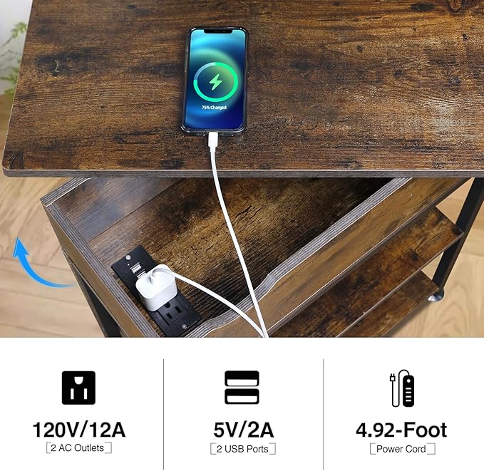 Rotating Top End Table with Charging Station, Side Table with USB Ports and - Image 4