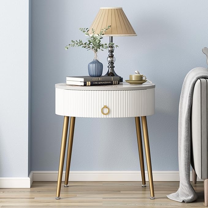OIOG Round Nightstand with Drawer, Modern Side Table with Marbling Natural by OIOG