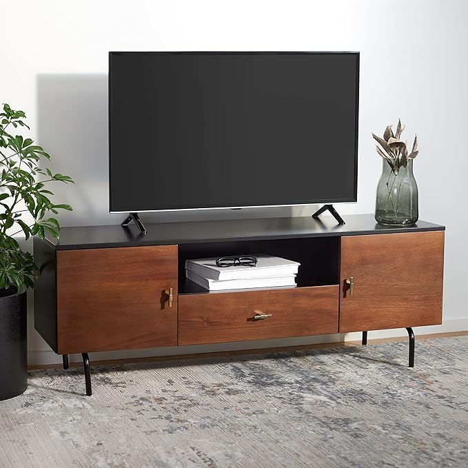 SAFAVIEH Genevieve TV Stand for up to 65" Flatscreen – Black & Walnut Brown - Image 2