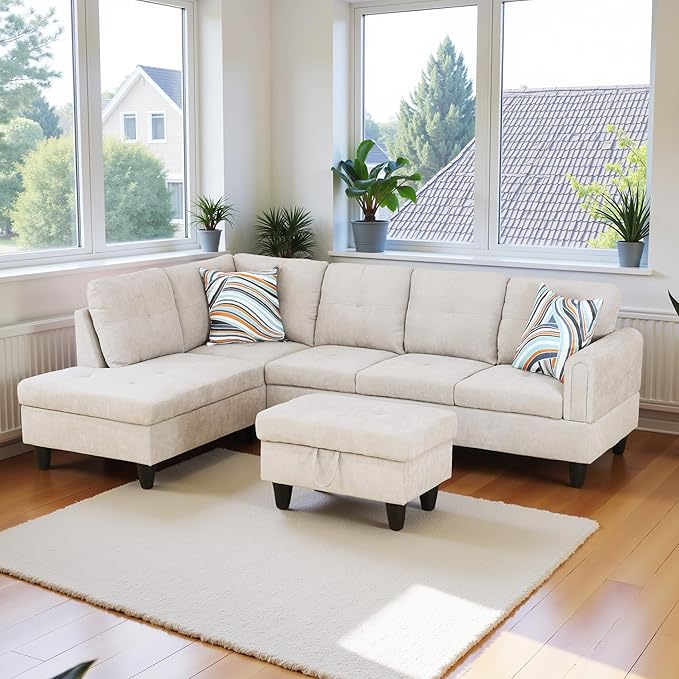 L Shaped Couch Modern Sectional Couch Upholstered Fluffy Fabric 3 Pieces Sofas by LynginsCreativeLife