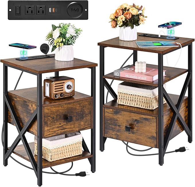 Nightstand Set of 2 with Wireless Charging and USB Ports, End Table Set 2 with by Livofloral