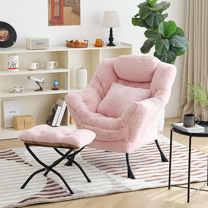 Lazy Chair with Ottoman, Comfy Reading Lounge Chair with Footstool & Throw - Image 2