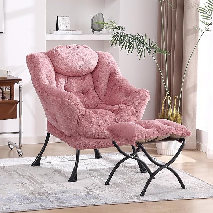 Lazy Chair with Folding Ottoman, Modern Accent Lounge Armchair with Armrests - Image 2