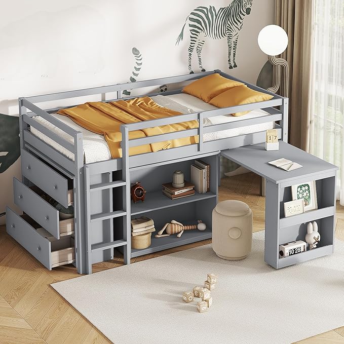 KEIKI Twin Size loft Bed with Pull-Out Desk & Drawers & Open Shelves, Wood Loft - Image 3