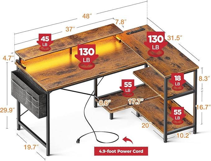 ODK 48 Inch Gaming Desk with USB Charging Ports and LED Lights, Reversible L - Image 3