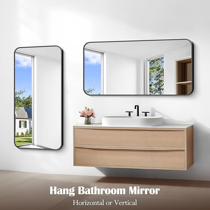 Bathroom Mirror, 48 x 24 inch Black Rectangle Wall Mirror, Metal Framed - Image 5
