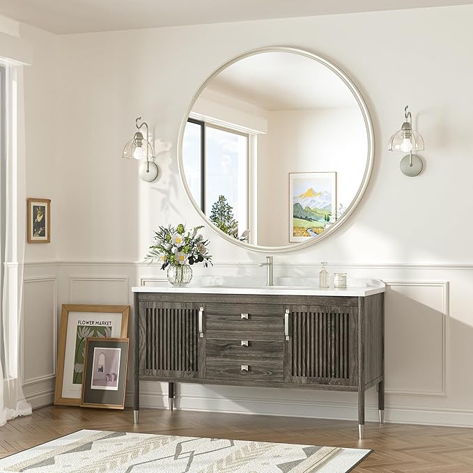 TokeShimi 40 in Tempered Bathroom Vanity Mirror Round Brushed Nickel Bathroom - Image 8