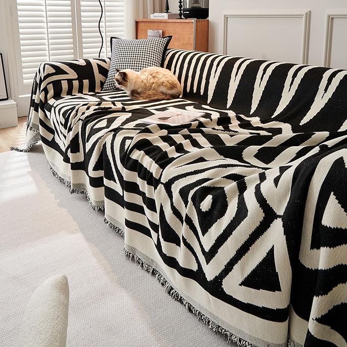 STACYPIK Reversible Boho Couch Cover Ivory Black Futon Armchair Slipcovecrs - Image 9