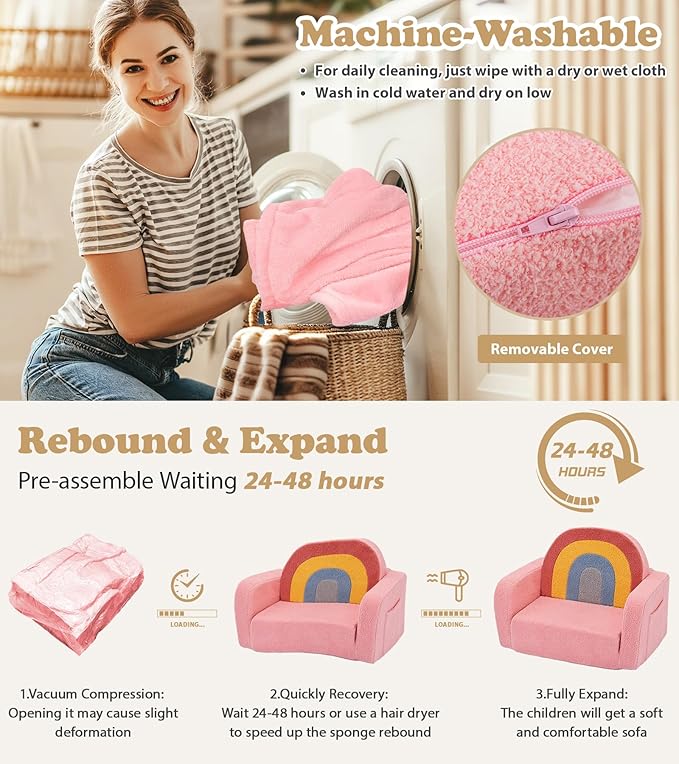 Kids Couch, 2-in-1 Soft Toddler Couch Fold Out - Image 7