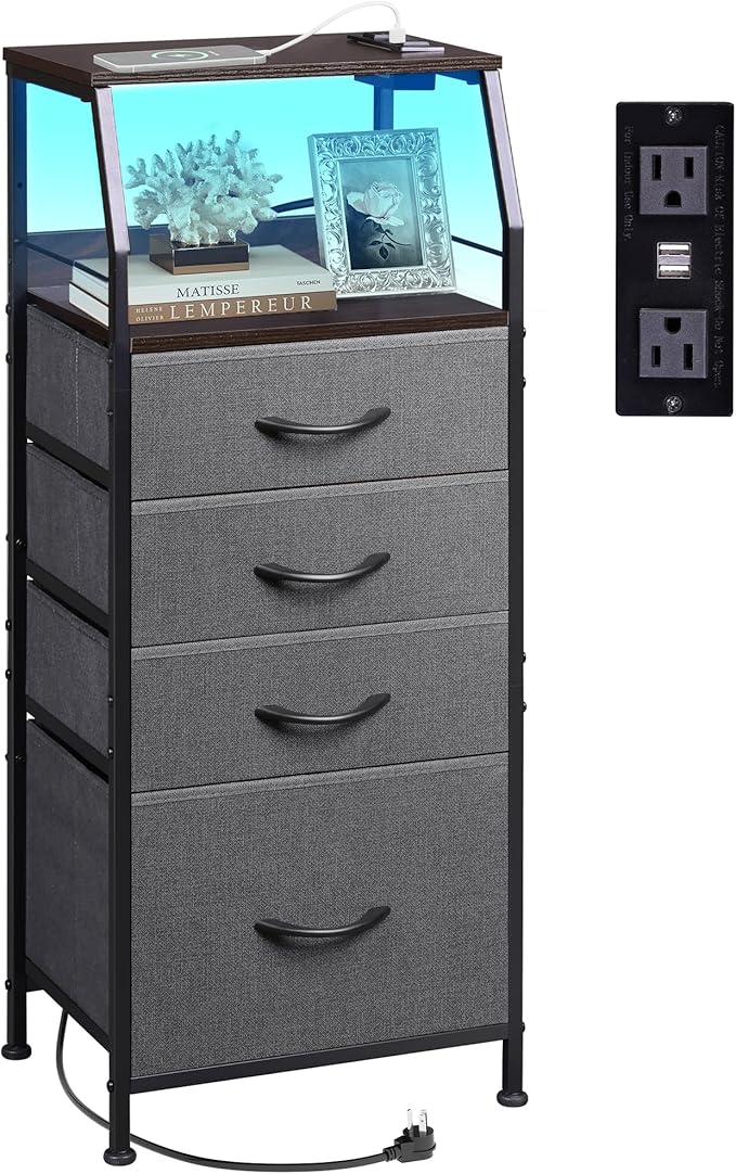 WLIVE Nightstand with Charging Station, Night Stand with LED Light, Tall 4 by WLIVE