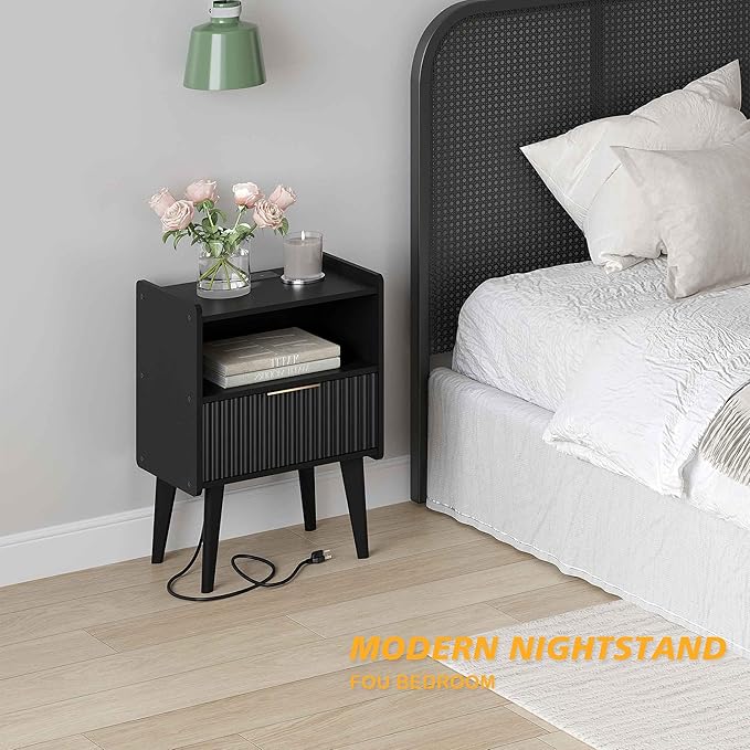 Fluted Nightstand with Charging Station, Modern Bedside Table with Drawer - Image 3