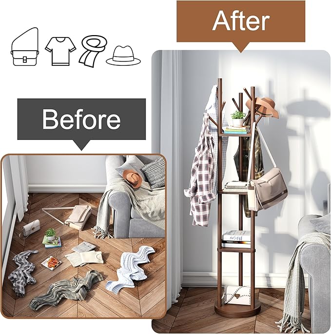 FILWH Bamboo Coat Rack Rotary Freestanding - Image 5