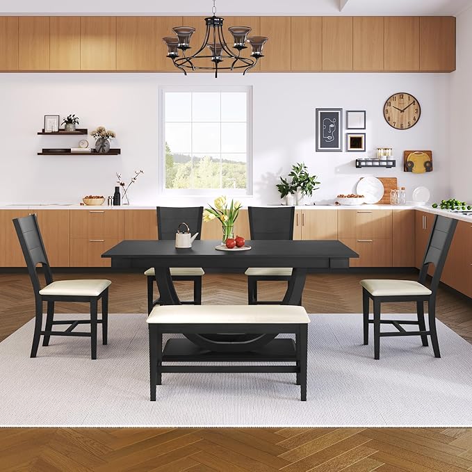 Ball & Cast Dining Table Set for 6, 6-Piece Kitchen Table Set W/ 1 Bench & 4 - Image 4