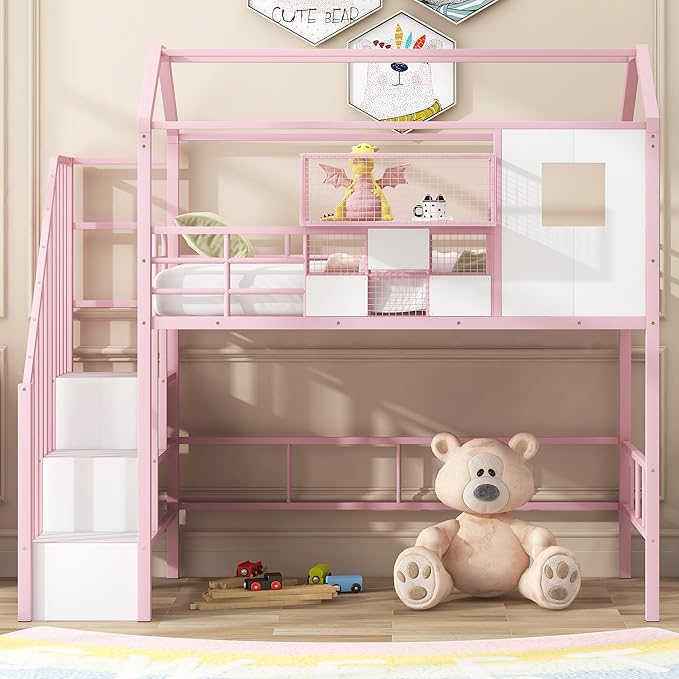 Twin Size Metal Loft Bed with roof Design and a Storage Box, House Shaped - Image 3