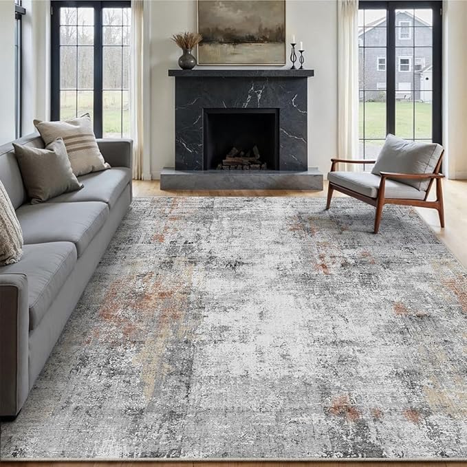 8x10 Washable Area Rug Grey Rust Modern Neutral Abstract Living Room Bedroom - Image 5