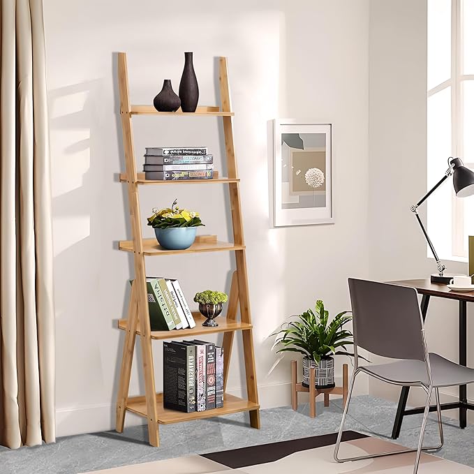 DOUSY- 5-Tier Bamboo Ladder Shelf Ladder Bookshelf Plant & Flower Stand Bookcase - Image 6