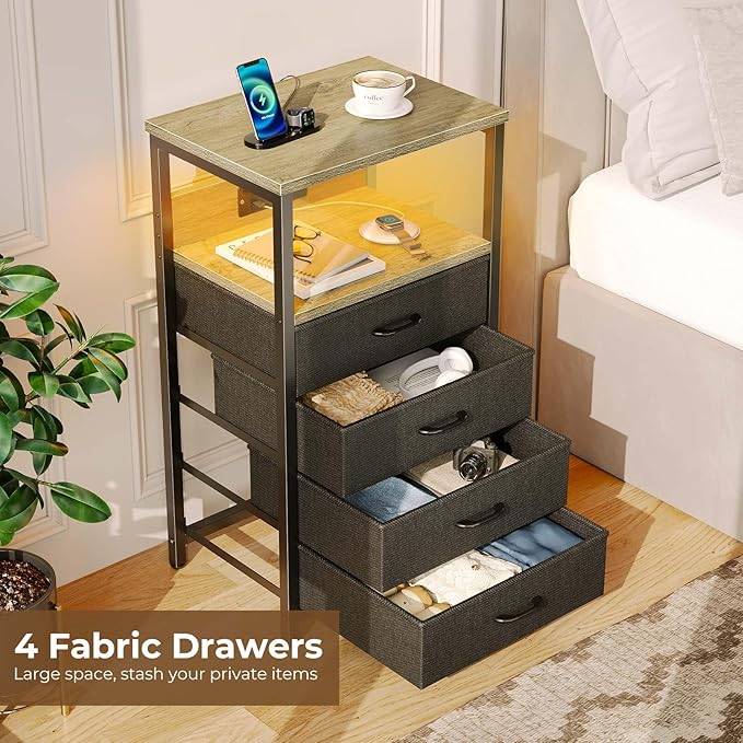 Seventable Night Stand with Charging Station, Tall Nightstand with 4 Fabric - Image 5