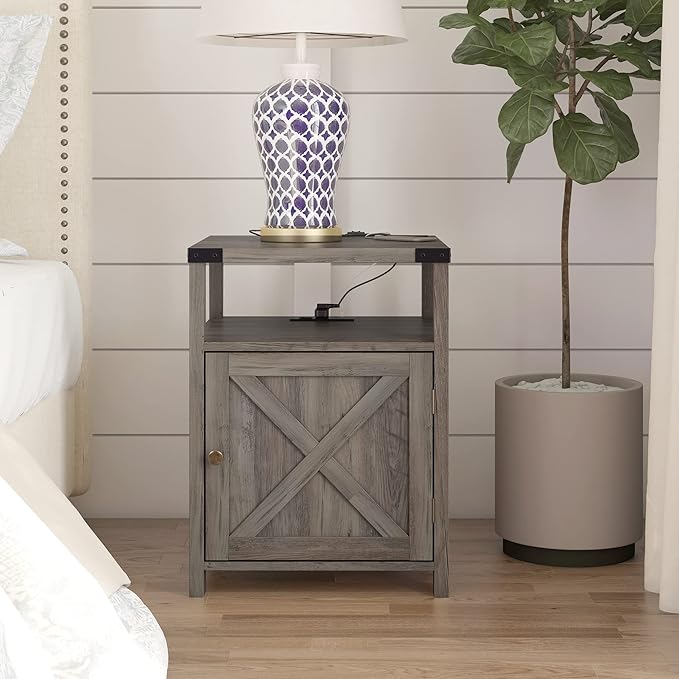 Farmhouse Nightstand with Charging Station, Rustic End Table Bedroom with - Image 4