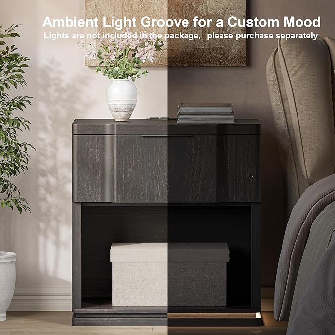 Nightstand with Charging Station, Wooden Curved Night Stand Bedside Tables with - Image 5