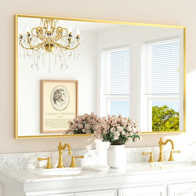 TETOTE Brushed Gold Mirror Beveled Frame 60" x 36" Large Brass Gold Rectangle by TETOTE